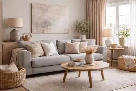 En ljus och inbjudande soffgrupp i grått, med kuddar i beige och naturfärger. Perfekt för att visa vad som passar till grått.