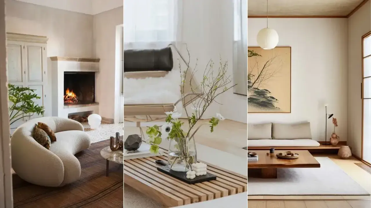 Tre olika rum som visar japansk inredningsstil: ett med öppen spis och mjuk soffa, ett med blommor i vas och en stol, samt ett med tatamimatta och lågt soffbord.