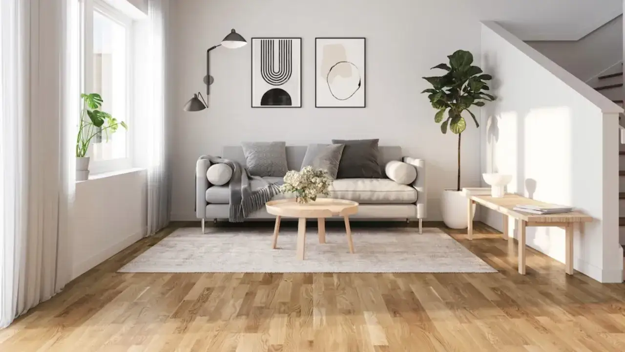 Ljust golv inspiration i ett modernt vardagsrum med gr&aring; soffa, tr&auml;bord och konst.