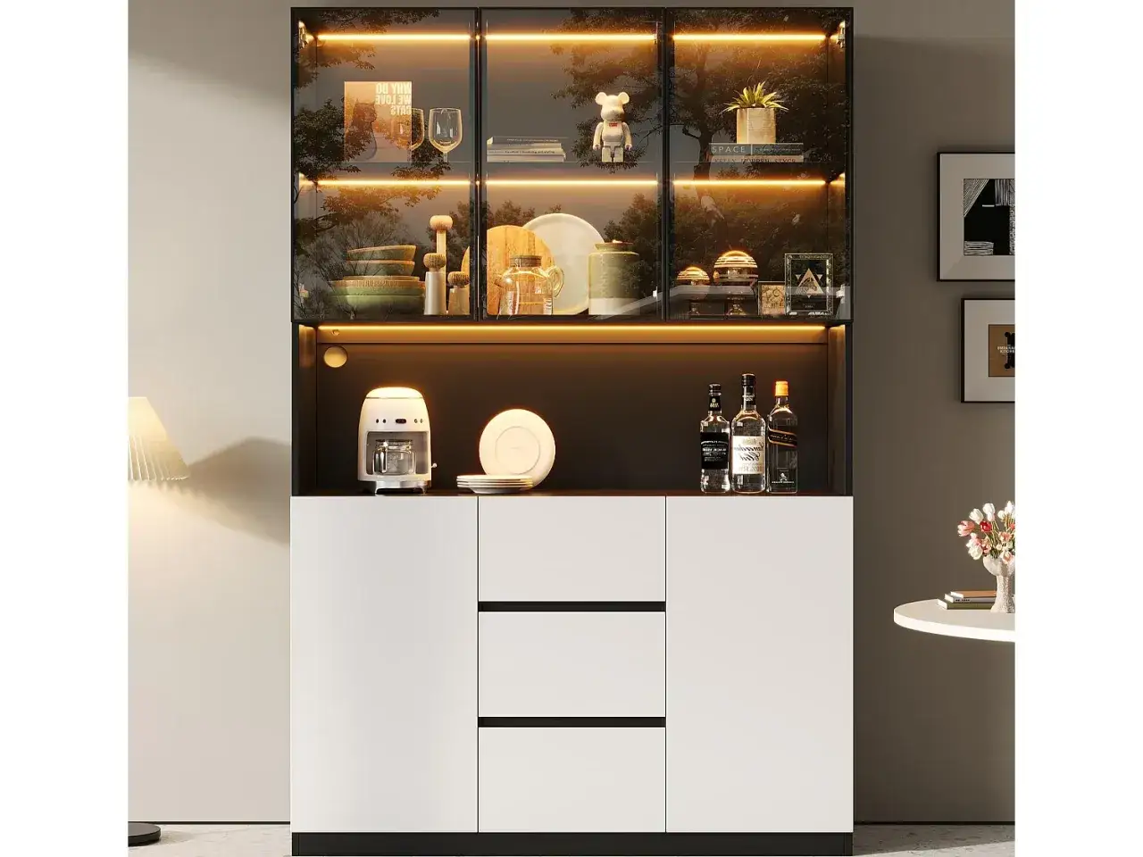 Modern white display cabinet with glass doors, illuminated shelves displaying decor, dishes, and bottles.