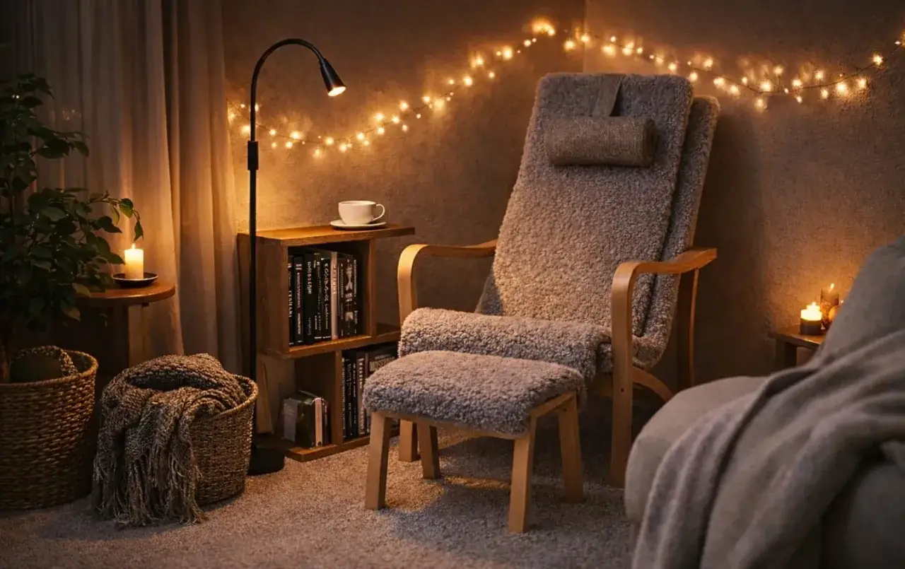 En mysig hörna med en fluffig schäslong fåtölj, tända ljus och julbelysning. Perfekt för en lugn stund med en bok.
