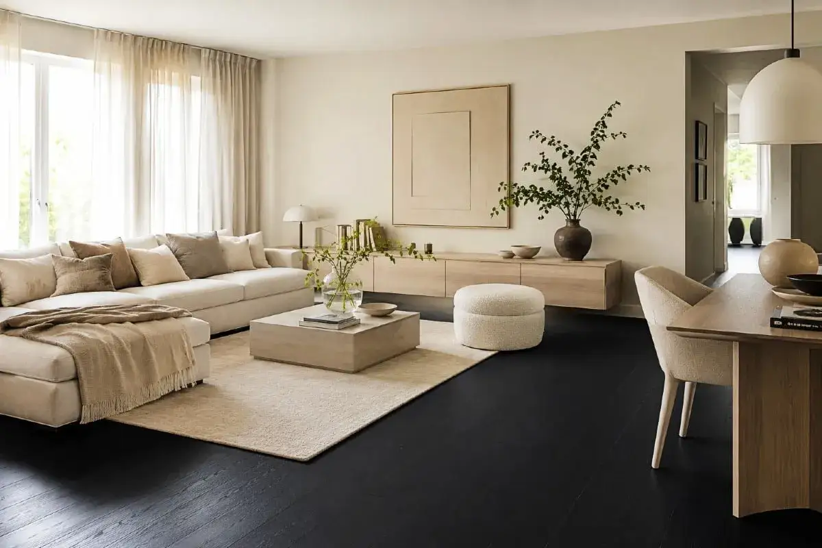Ett vardagsrum i lugna, kall beige toner med en stor soffa, ett l&aring;gt soffbord och en matplats. M&ouml;rkt tr&auml;golv ger kontrast.