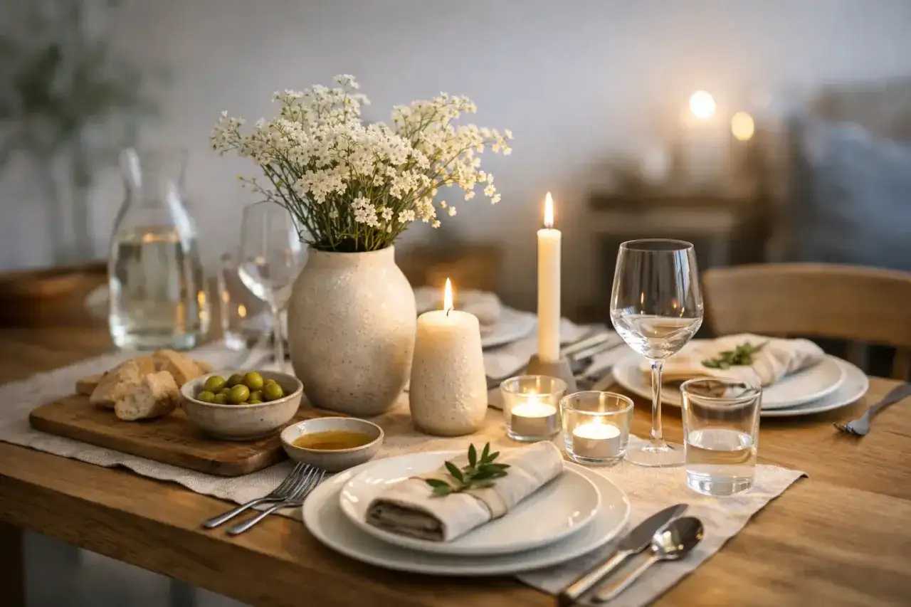 Vackert dukat långbord med vita blommor, olivskål, bröd och levande ljus. En inbjudan till en mysig middag.