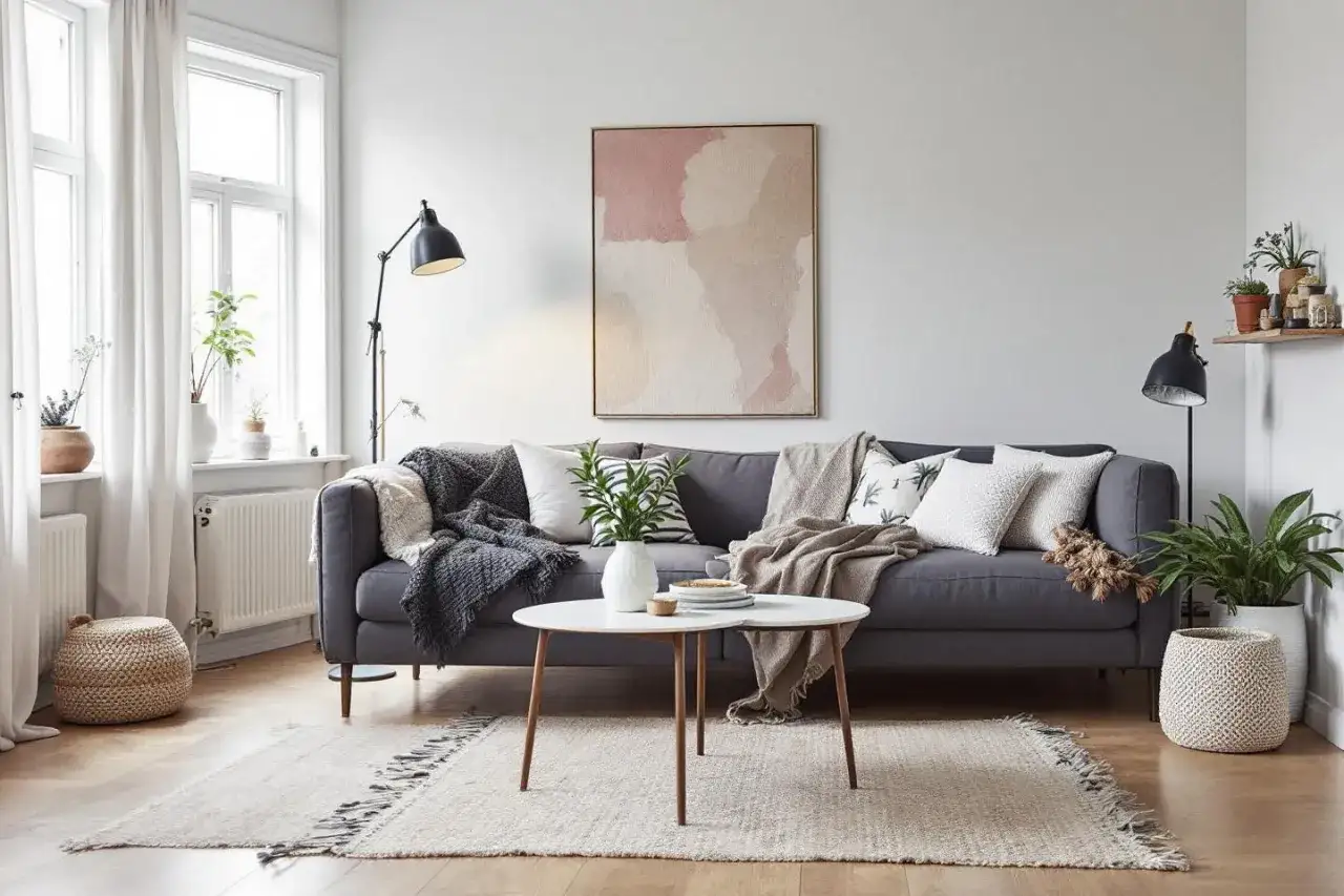 En mysig soffa med kuddar och pl&auml;dar, ett runt soffbord och en matta skapar en inbjudande bohemisk inredning.