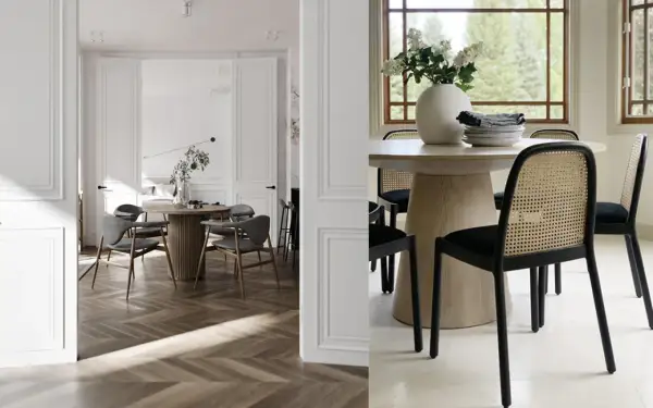 Två eleganta matplatser med runda bord och stolar. Perfekt för att dekorera runt matbordet med stil.
